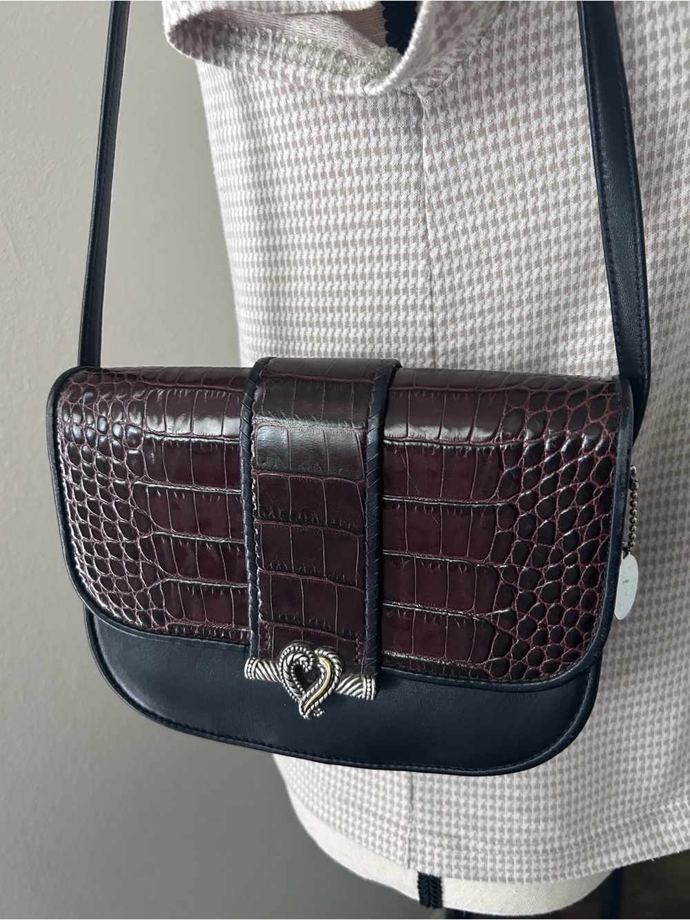 Vintage One World Brighton Croc Embossed Small Saddle Bag Western Boho Cowgirl